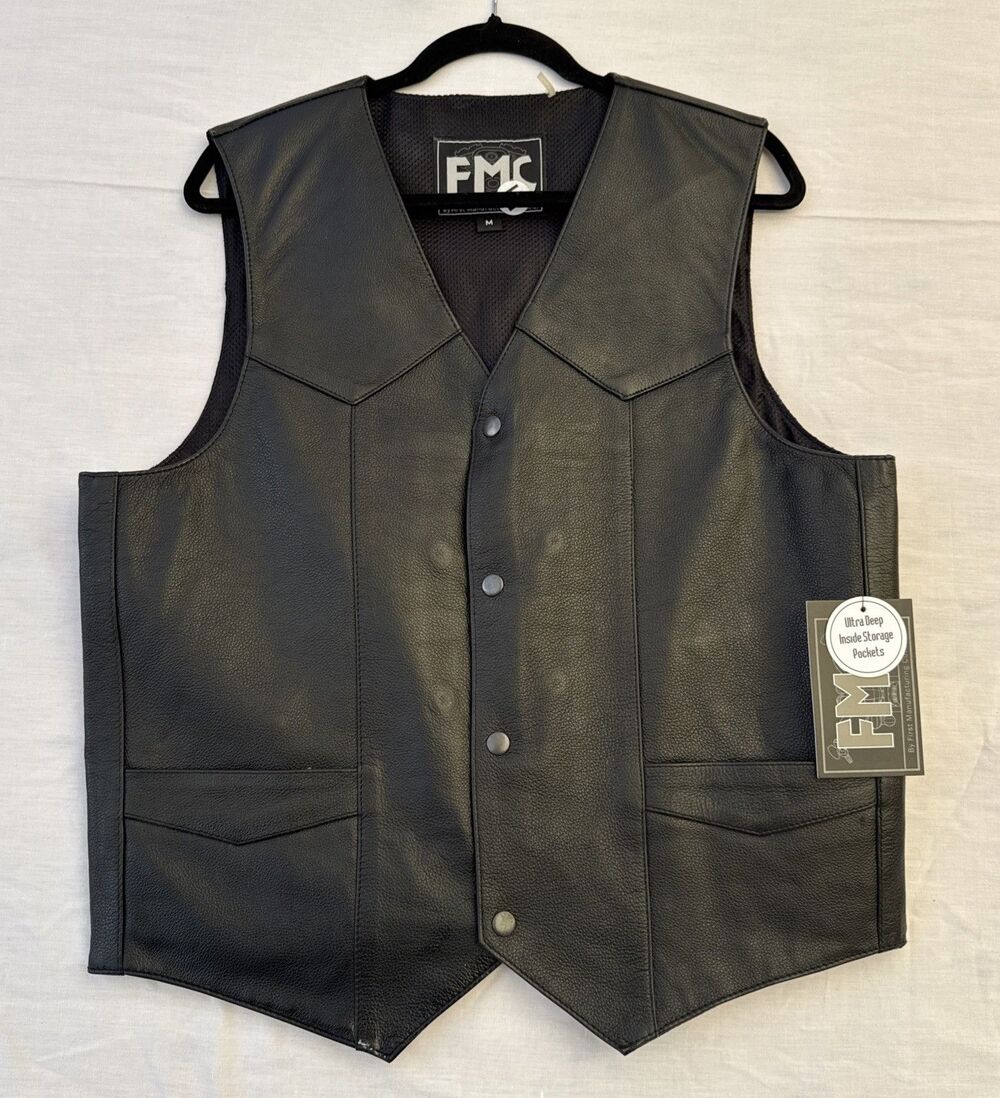 New FMC First Manufacturing Vest Men Medium Leather Top Shot Biker Conceal Black